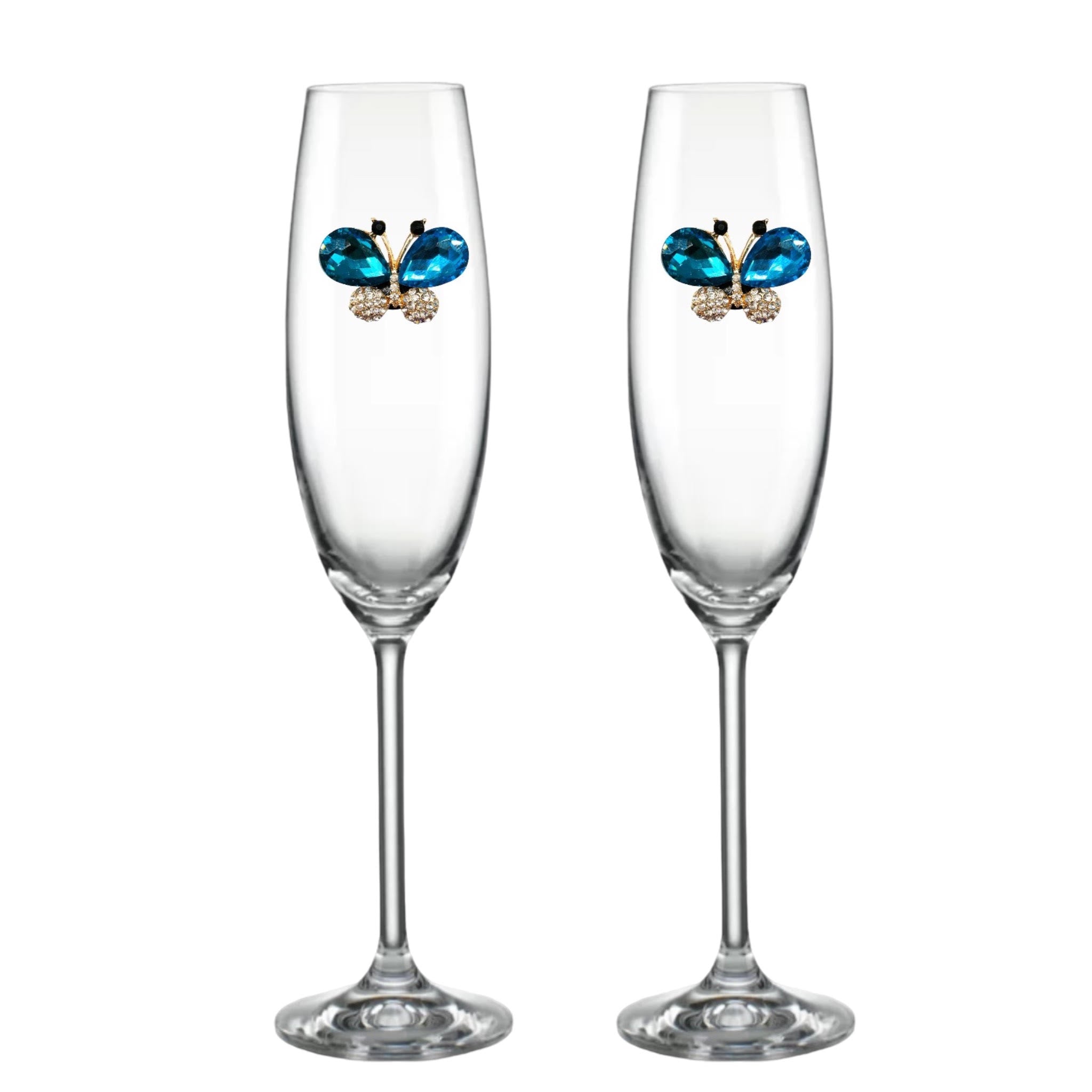 Luxury Edition:  Lenox Blue Butterfly Blinged Champagne Flutes (2)