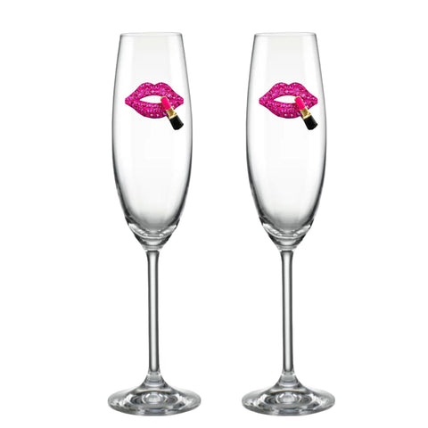 Luxury Edition: Lenox Hot Pink Lips w/Lipstick Blinged Champagne Flutes (2)