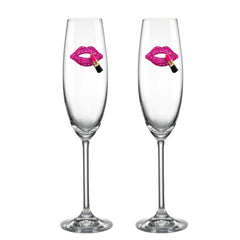 Luxury Edition: Lenox Hot Pink Lips w/Lipstick Blinged Champagne Flutes (2)