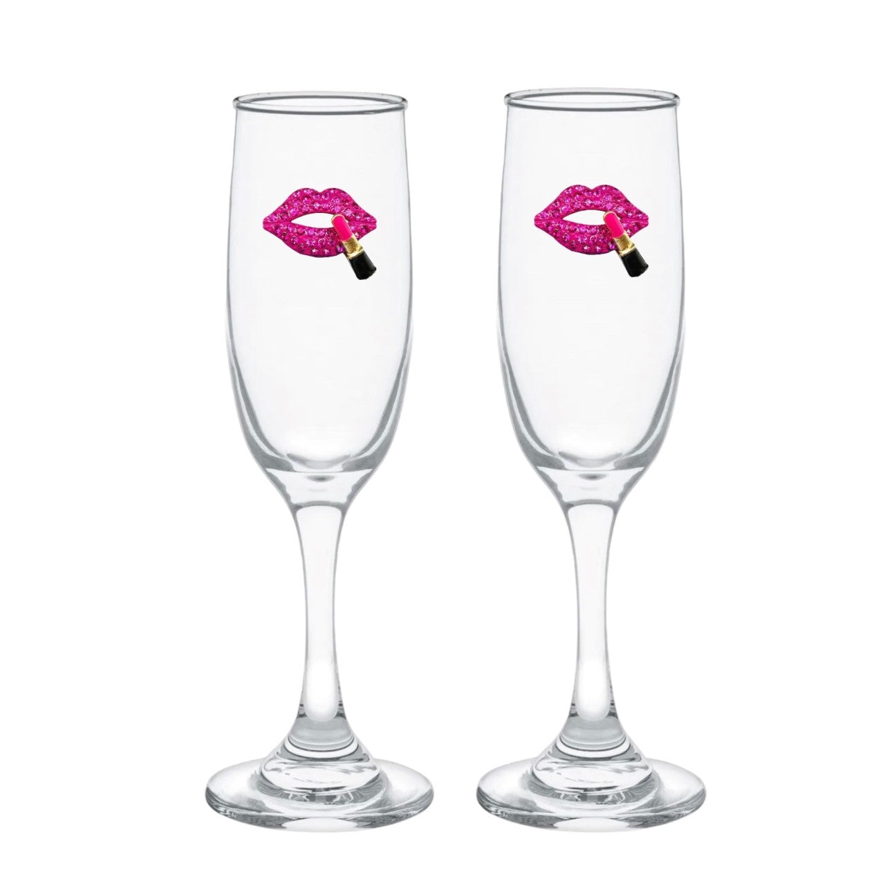 Hot Pink Lips w/Lipstick Blinged Champagne Flutes (2)