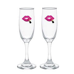 Hot Pink Lips w/Lipstick Blinged Champagne Flutes (2)