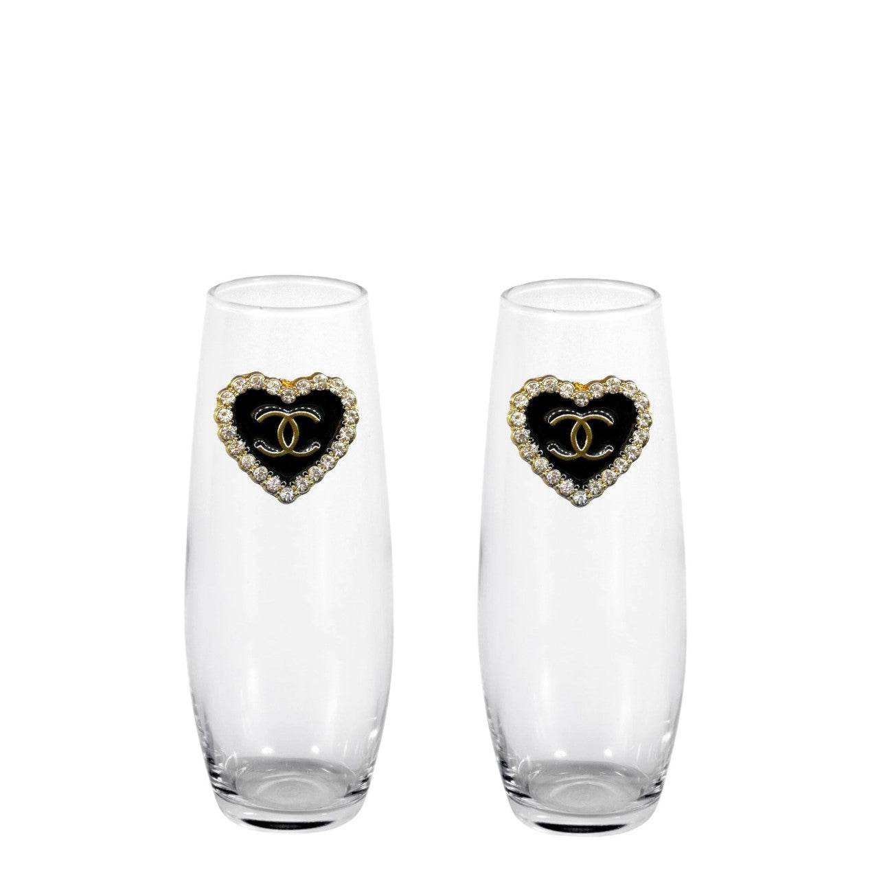 Heart Shaped Double C's Blinged Stemless Champagne Flutes (2)