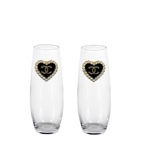 Heart Shaped Double C's Blinged Stemless Champagne Flutes (2)