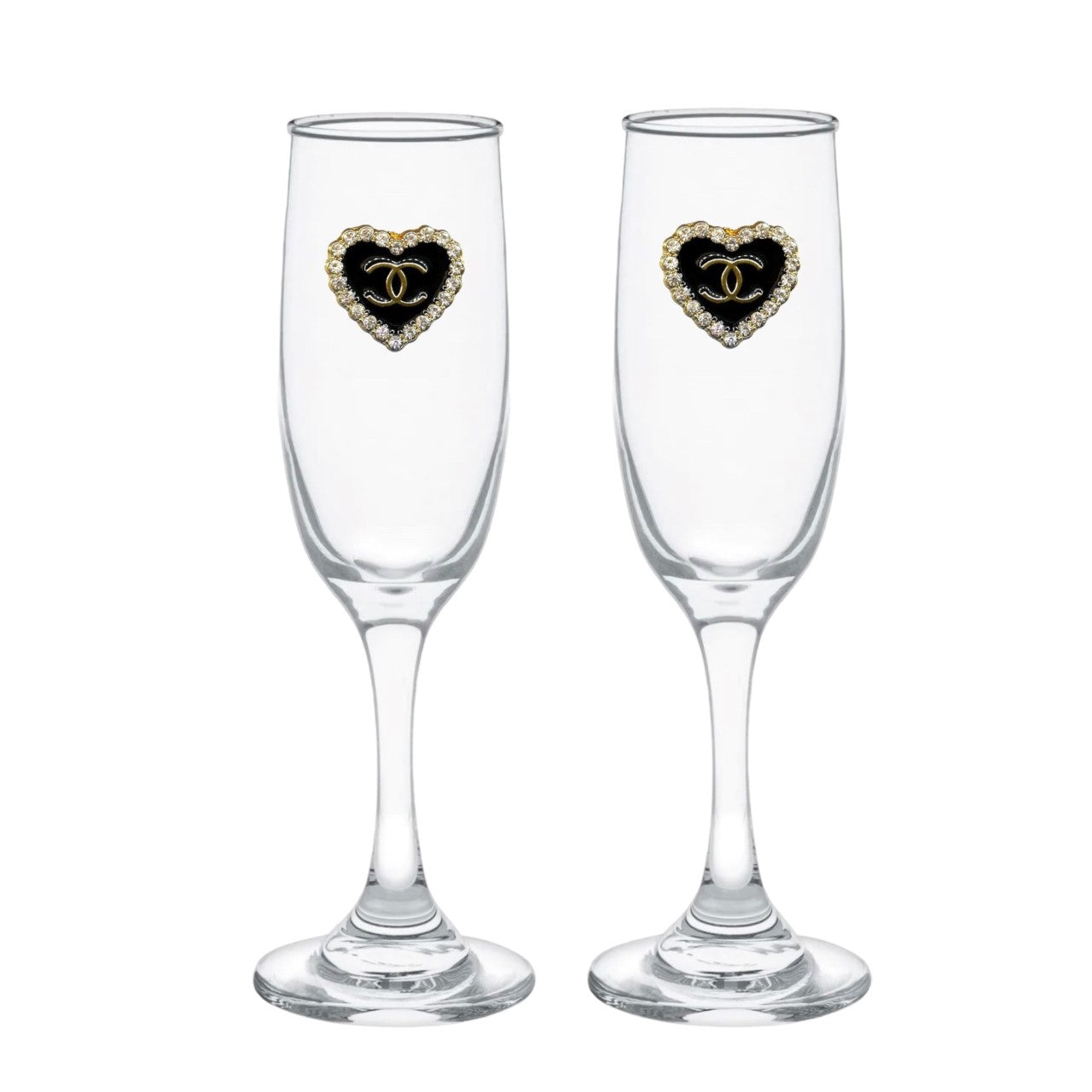 Heart Shaped Double C's Blinged Champagne Flutes (2)