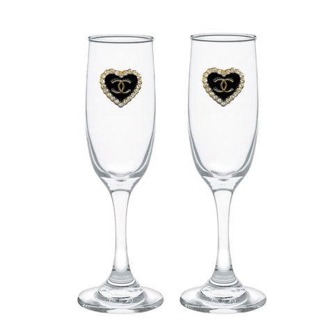 Heart Shaped Double C's Blinged Champagne Flutes (2)