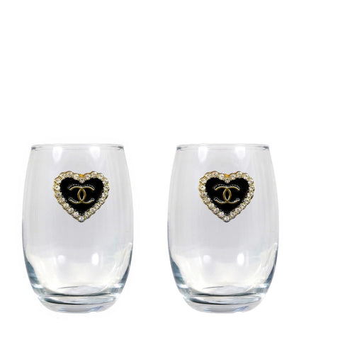 Heart Shaped Double C's Blinged Stemless Wine Glasses (2)