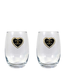 Heart Shaped Double C's Blinged Stemless Wine Glasses (2)