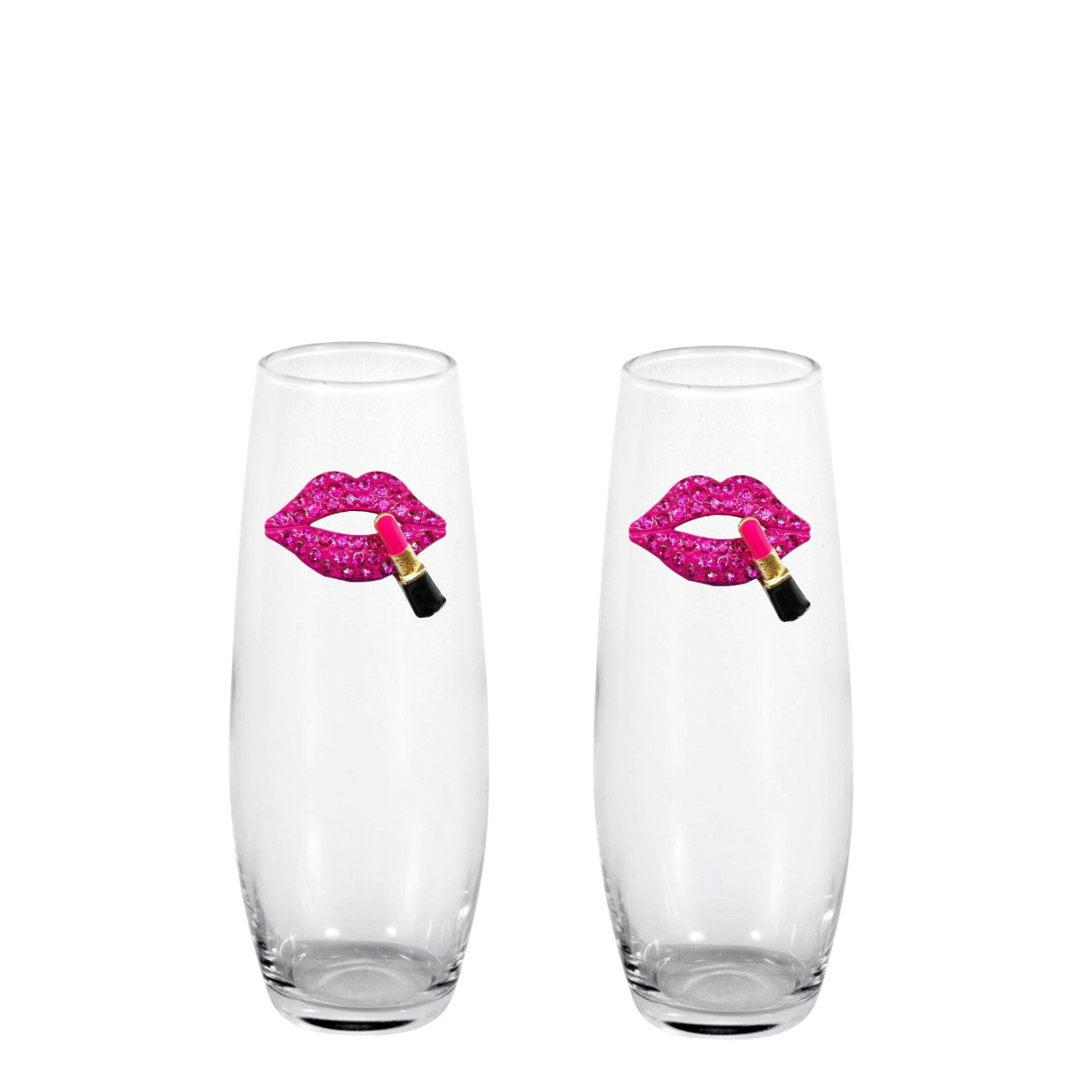 Hot Pink Lips w/Lipstick Blinged Stemless Champagne Flutes (2)