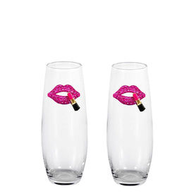 Hot Pink Lips w/Lipstick Blinged Stemless Champagne Flutes (2)