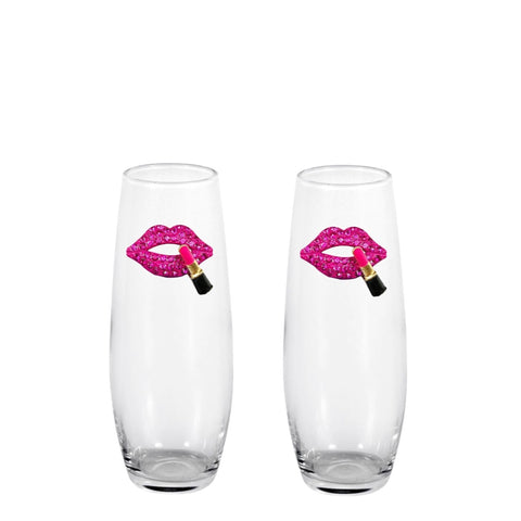 Hot Pink Lips w/Lipstick Blinged Stemless Champagne Flutes (2)