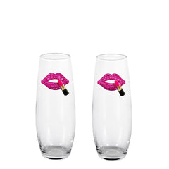 Hot Pink Lips w/Lipstick Blinged Stemless Champagne Flutes (2)