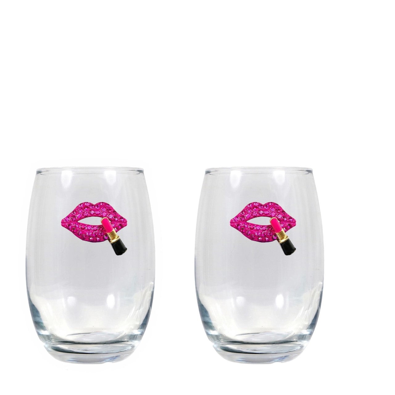Hot Pink Lips w/Lipstick Blinged Stemless Wine Glasses (2)