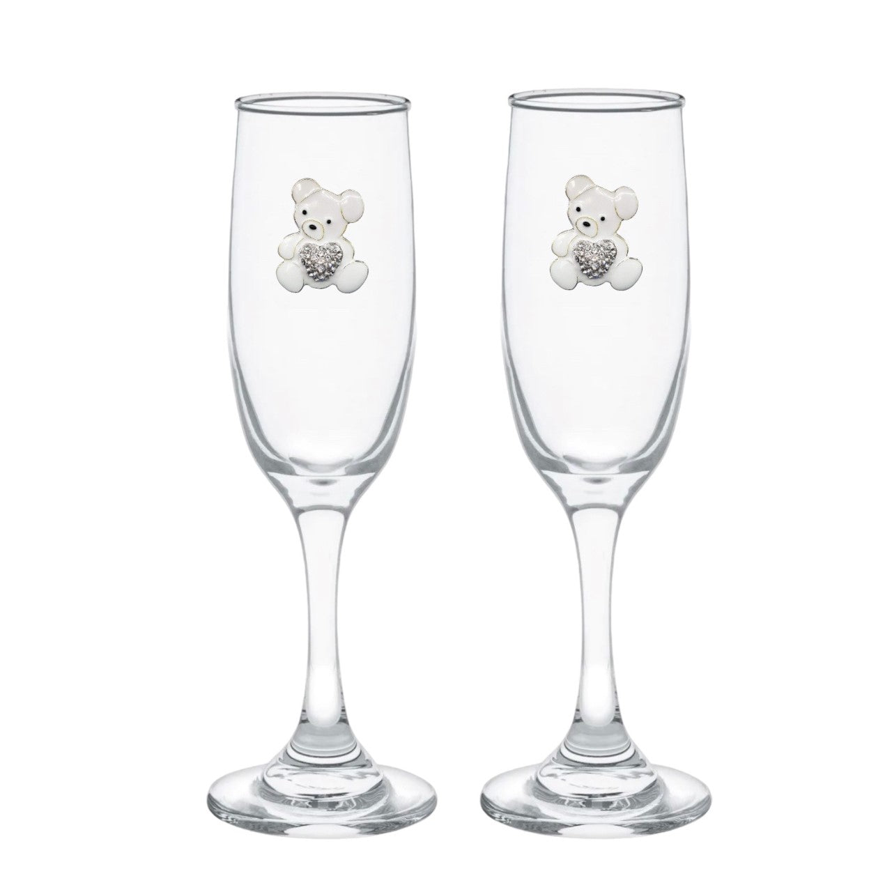 White Teddy Bear w/ Heart Blinged Champagne Flutes (2)