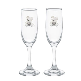 White Teddy Bear w/ Heart Blinged Champagne Flutes (2)