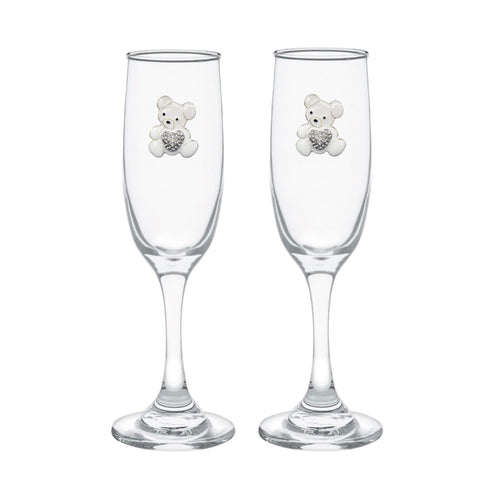 White Teddy Bear w/ Heart Blinged Champagne Flutes (2)