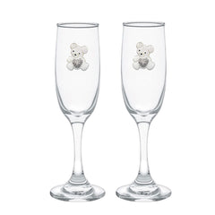 White Teddy Bear w/ Heart Blinged Champagne Flutes (2)