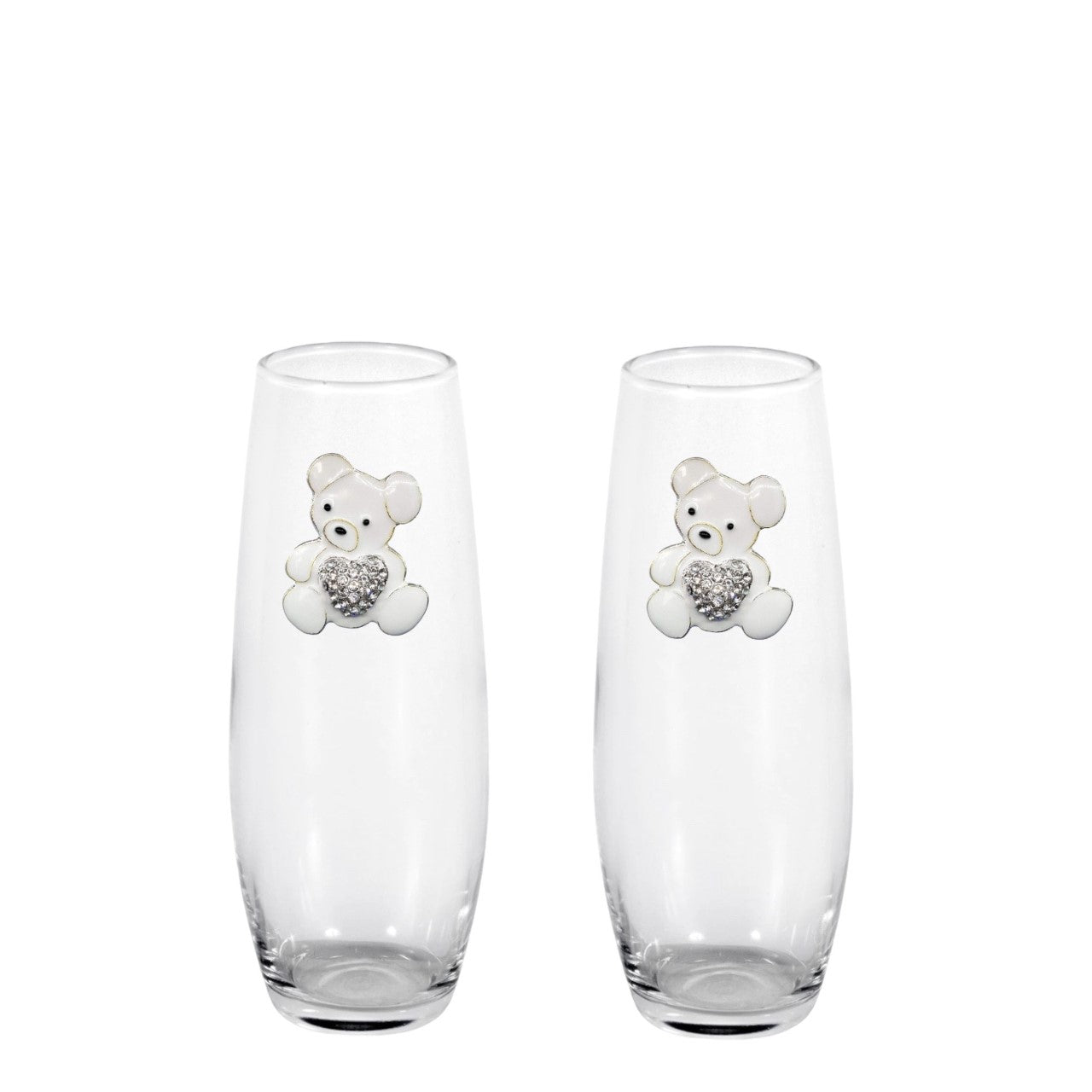 White Teddy Bear w/ Heart Blinged Stemless Champagne Flutes (2)