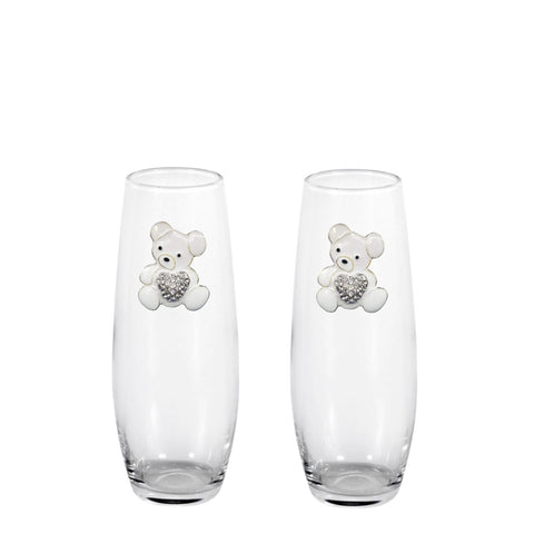 White Teddy Bear w/ Heart Blinged Stemless Champagne Flutes (2)