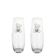 White Teddy Bear w/ Heart Blinged Stemless Champagne Flutes (2)