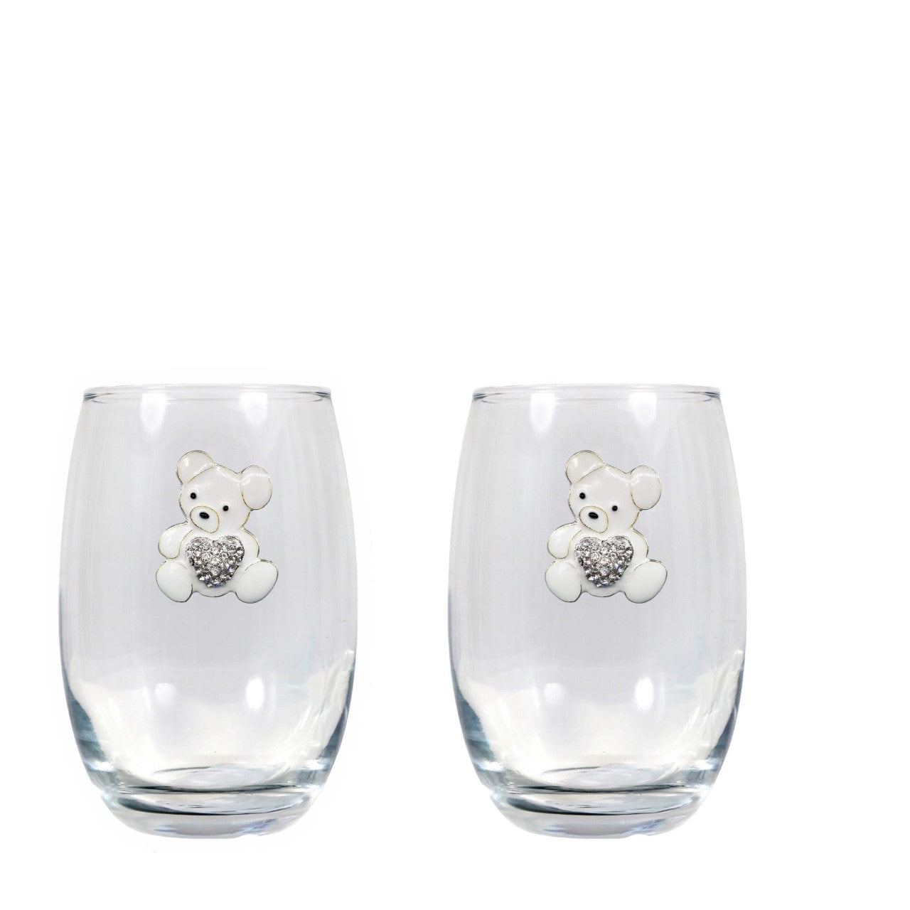 White Teddy Bear w/ Heart Blinged Stemless Wine Glasses (2)