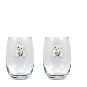 White Teddy Bear w/ Heart Blinged Stemless Wine Glasses (2)