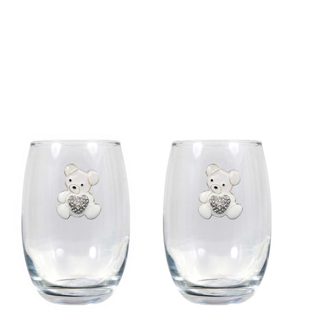White Teddy Bear w/ Heart Blinged Stemless Wine Glasses (2)