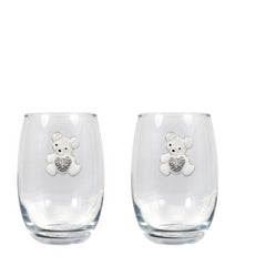 White Teddy Bear w/ Heart Blinged Stemless Wine Glasses (2)