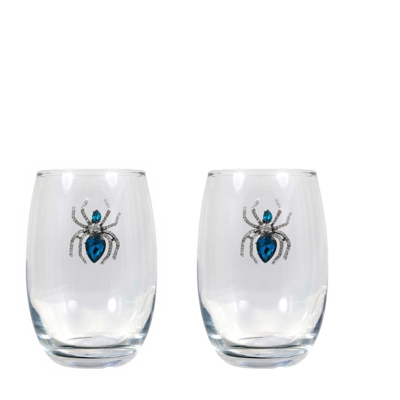 Blue Diamond Spider Blinged Stemless Wine Glasses (2)