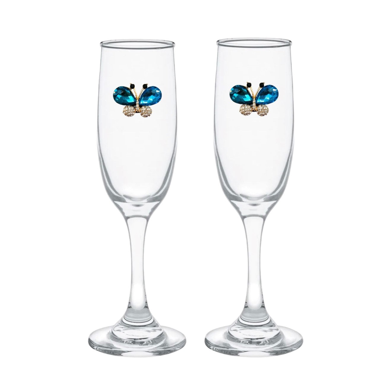 Blue Butterfly Blinged Champagne Flutes (2)