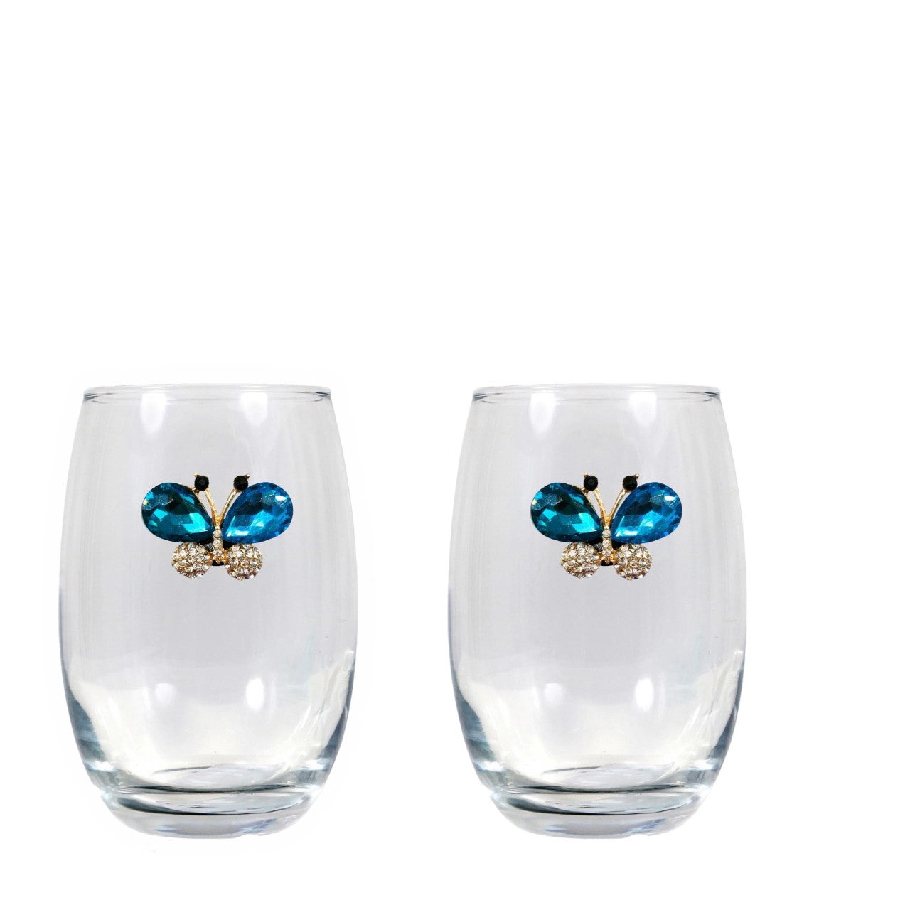 Blue Butterfly Blinged Stemless Wine Glasses (2)