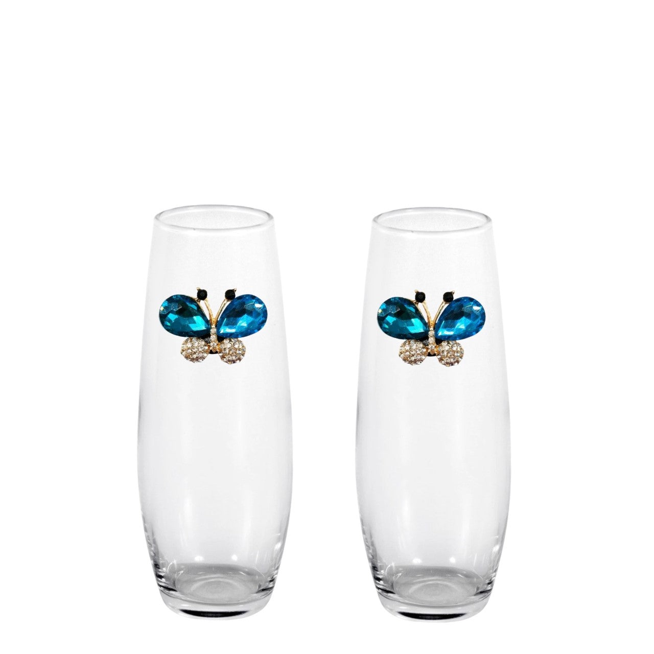 Blue Butterfly Blinged Stemless Champagne Flutes (2)