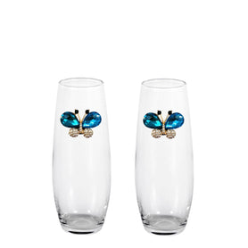 Blue Butterfly Blinged Stemless Champagne Flutes (2)
