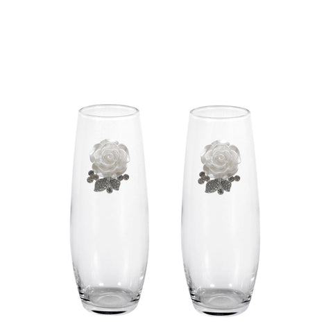 White Rose Blinged Stemless Champagne Flutes (2)