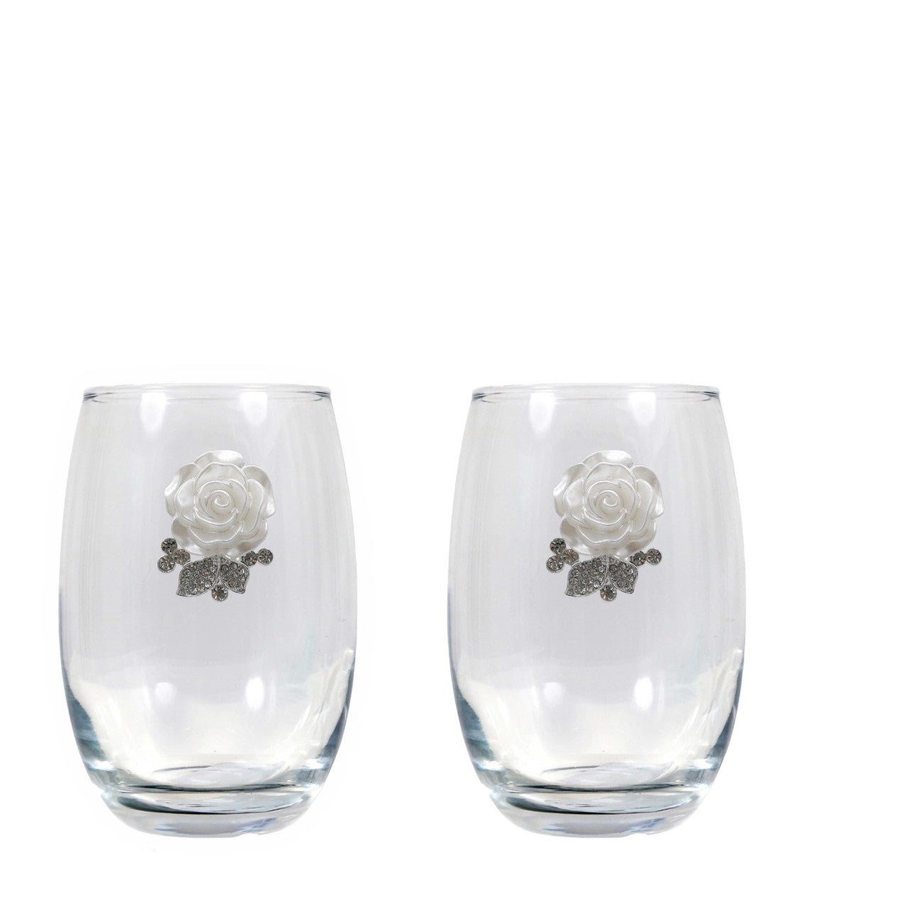 White Rose Blinged Stemless Wine Glasses (2)