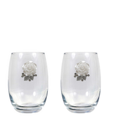 White Rose Blinged Stemless Wine Glasses (2)
